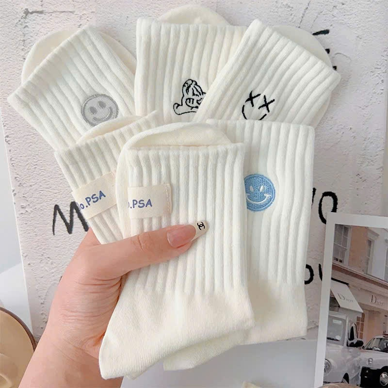 Set 5 Đôi Tất Nữ Cổ Cao Cotton Tông Trắng Mặt Cười Xanh Hình Cute MIYUNA