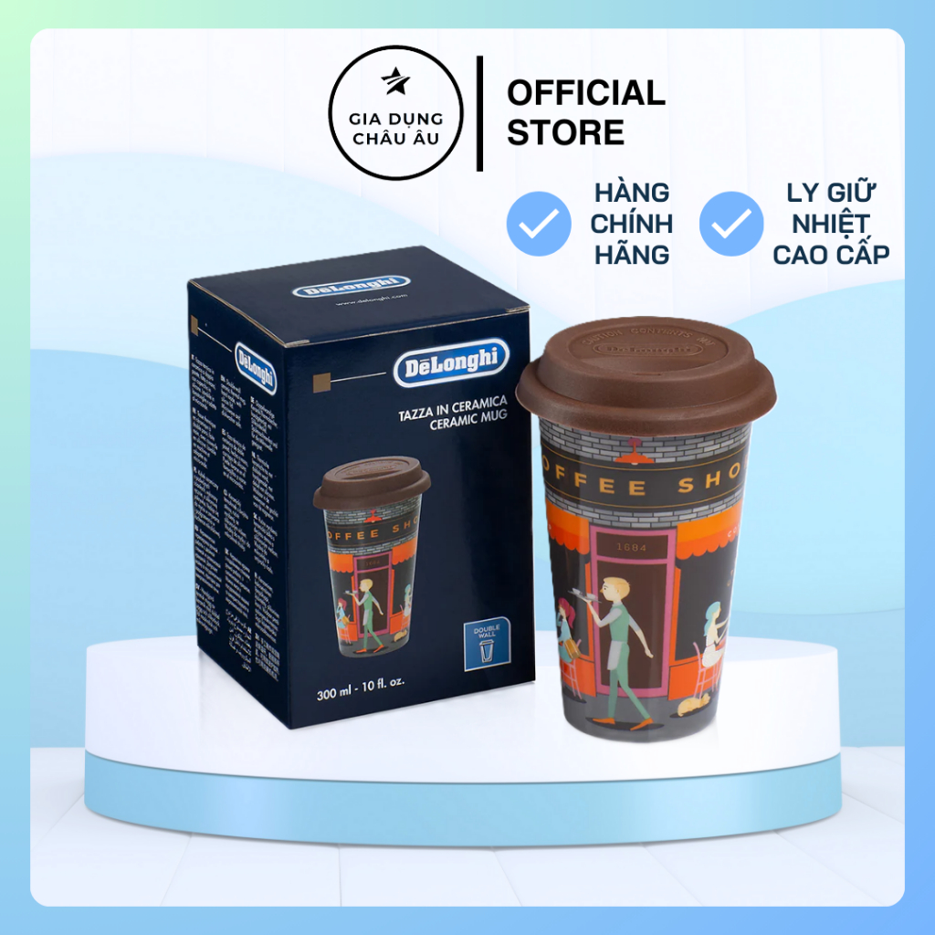 [CHÍNH HÃNG]Ly sứ giữ nhiệt có nắp đậy cao cấp Delonghi 300ml, Hàng chính hãng, Delonghi Thermal Cof
