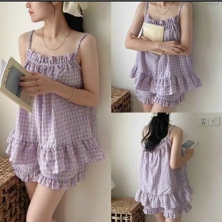 Đồ bộ ngủ hai dây mặc nhà mùa hè dễ thương set bộ đồ ngủ hai dây họa tiết kẻ caro xinh xắn cute CARY