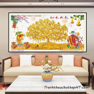 Tranh đính đá - Tranh thêu chữ thập Cây tiền, cây tài lộc, Vinh hoa phú quý LV3464, LV471: 100*52cm - Tranh chưa làm