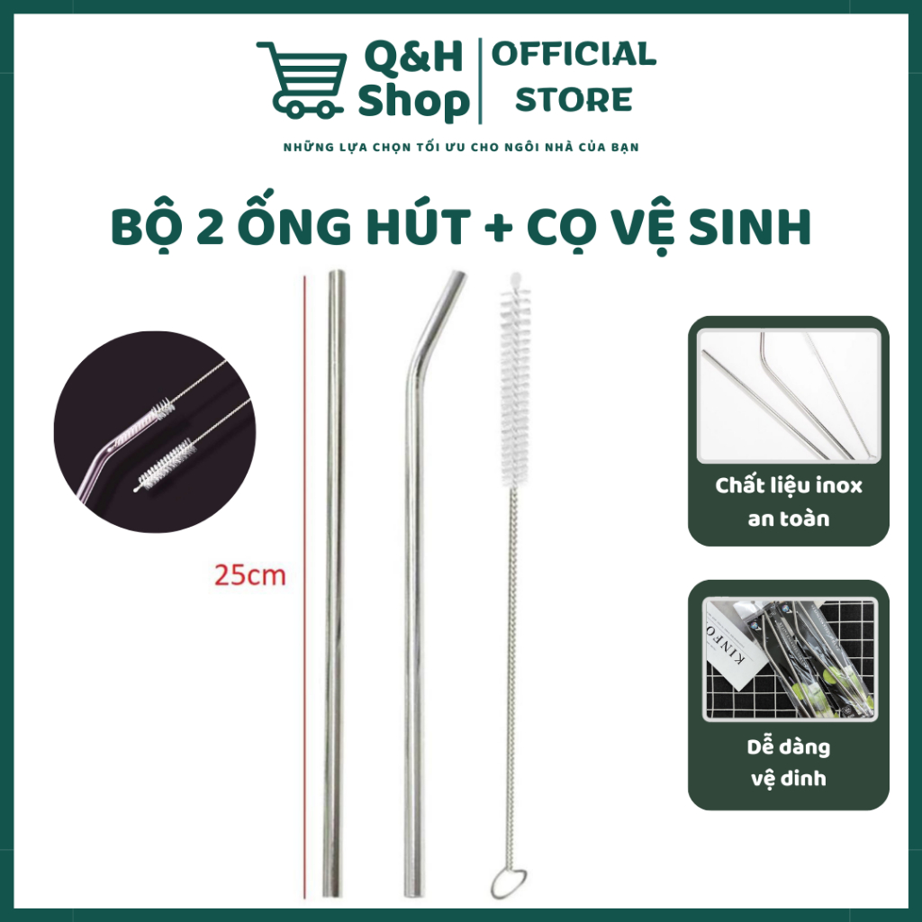 Bộ 2 Ống Hút Và Cọ Vệ Sinh Chất Liệu inox Tiện Lợi Sử Dụng An Toàn Sức Khỏe - QH Shop