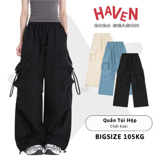 Quần túi hộp ống rộng Haven Studio chất kaki thụng nam nữ có dây rút Cargo Pants màu đen, trắng