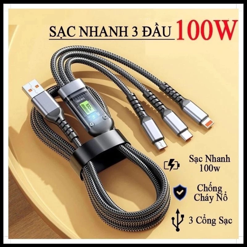 Dây Cáp Sạc I-P Sam-sung OP-PO 3 Đầu SẠC Nhanh Micro USB/Type C/2A cho i.OS/An.droid