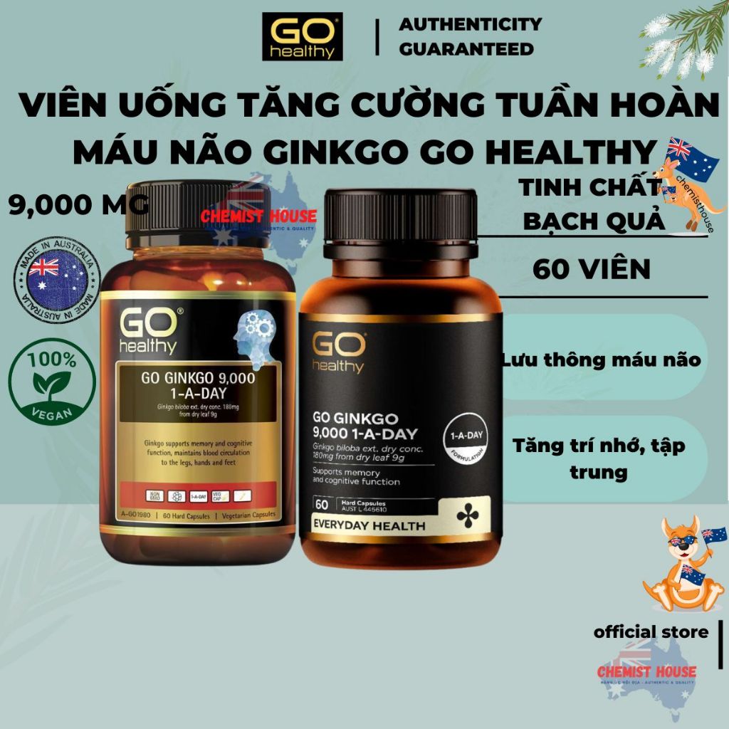 [Hàng Úc] GO Healthy Ginkgo 9000+ Viên Uống Bổ Não Hàm Lượng Cao 9,000mg Bạch Quả Cải Thiện Hay Quên Nhức Đầu Chóng Mặt