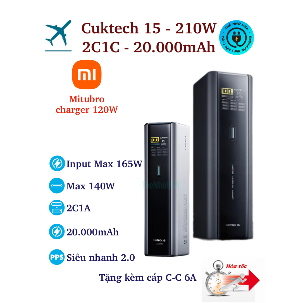 Pin sạc dự phòng Cuktech 15 ultra 210W PB200U 20000mAh 2C1A PD3.1 140W PPS 6A Mi Turbro charger 120W