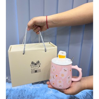 quà tặng sinh nhật cốc sứ , ly sứ mèo , gấu trúc 6215 480ml nắp có giá đỡ điện thoại - Gốm sứ SH