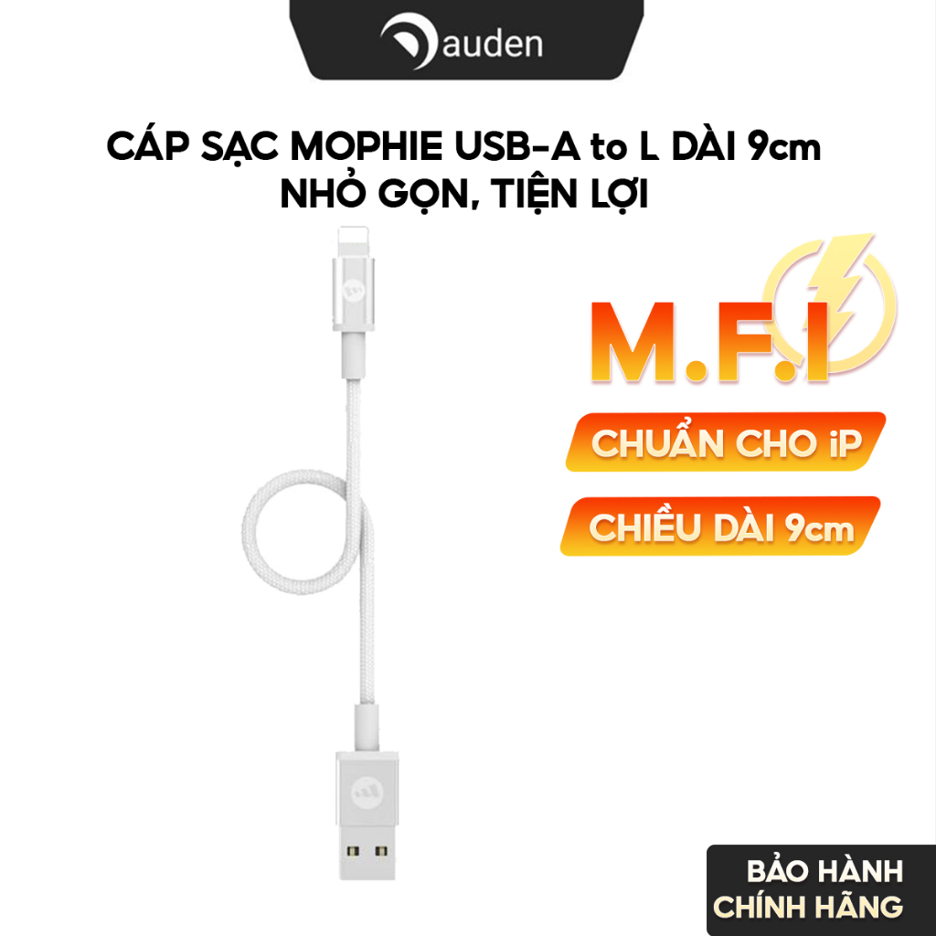 Cáp sạc nhanh Mophie 9cm, chuẩn kết nối light.ning - Bảo hành chính hãng