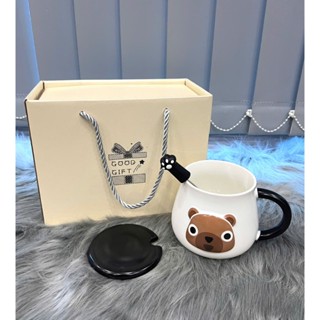 quà tặng cốc sứ , ly sứ,hộp quà tặng sinh nhật 3040 họa tiết gấu nâu kèm muỗng dễ thương - SH gốm sứ
