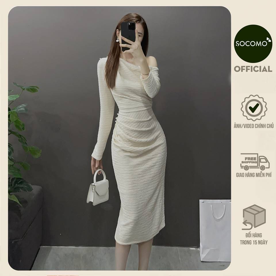 Đầm váy body nữ dáng dài tay dài, trễ vai lệch vai sang chảnh,váy đi tiệc đi cưới V132