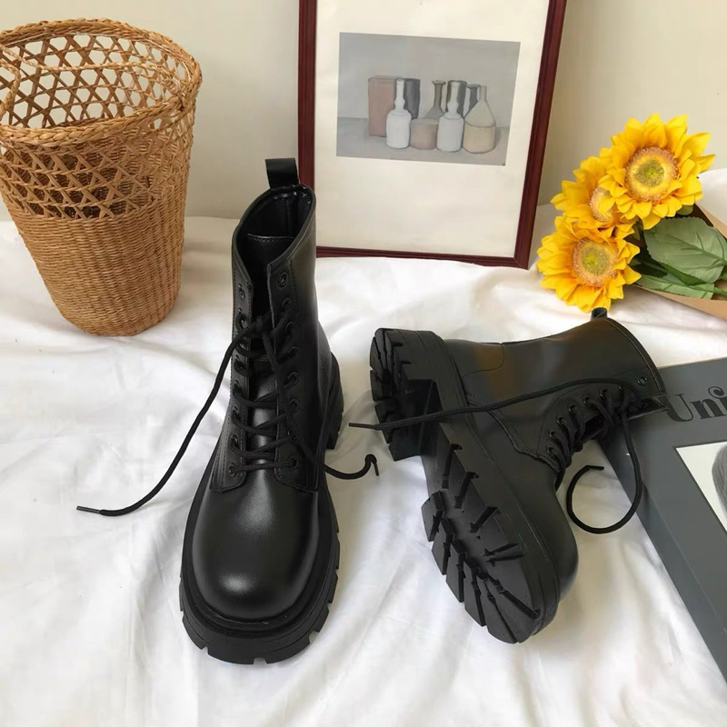 Giày boot nữ cổ thấp da lộn buộc dây trước cao cấp - Giày boots nữ cổ thấp da bóng đế vuông sanh chả