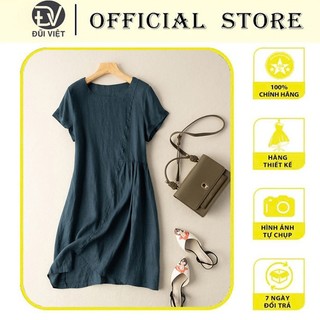 Đầm linen nữ dáng chữ A cổ tròn tay ngắn xanh than, chất đũi mềm mát, thời trang phong cách Hàn Quốc