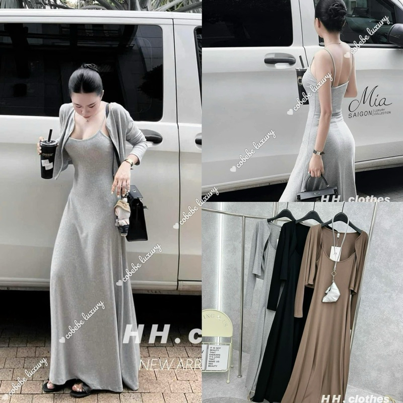 đầm 2 dây dáng dài,váy body 2 dây dáng dài 1m2 kèm áo choàng ngoài siu xinh