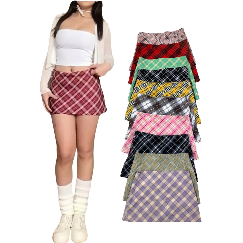 Chân Váy Caro Ngắn Cạp Thấp Unnie Váy Chữ A Ngắn Họa Tiết Kẻ Sọc Caro Mini Skirt Có Lót Quần/ Váy Caro Đỏ