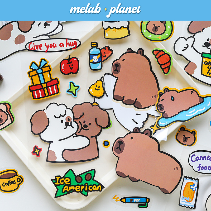 Set 2 tấm Sticker Capybara & Friends chống thấm nước, Trang trí dán tập vở, bình nước-Melab.planet