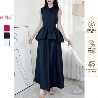  Set Váy BabyDoll MIMIX Trơn Nữ Áo Cổ Tròn Phối Chân Váy Dáng Dài Xòe Chất Thô Nến 3 Màu Nữ Tính EN0255 