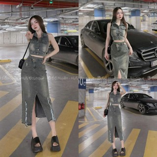 Set đồ nữ áo croptop khoét nách kèm chân váy bó sát xẻ tà trước chất jeans qc phù hợp đi làm đi chơi D553