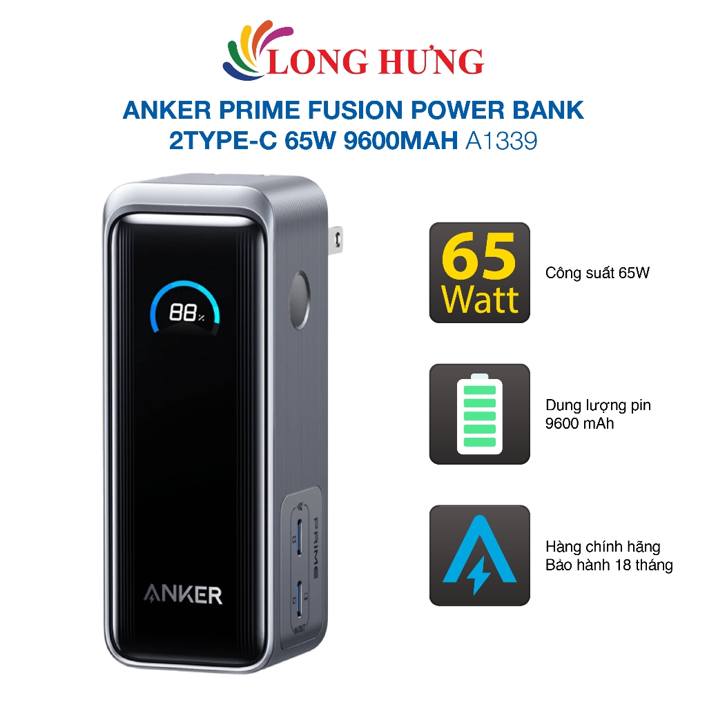 Sạc dự phòng kiêm cốc sạc Anker Prime Fusion Power Bank 2Type-C 65W 9600mAh A1339 - Hàng chính hãng