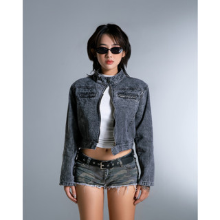 [Tặng áo quây] Áo khoác bò dáng croptop màu đen khói, cổ Tàu, tay kéo khoá bạc - BLACK SILVER JACKET