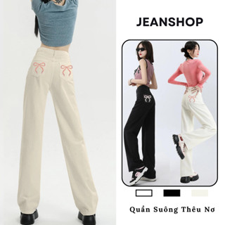 Quần Kaki nữ ống Suông túi sau THÊU NƠ, quần suông nữ ống rộng màu TRẮNG lưng cao hách dáng - Jeanshop