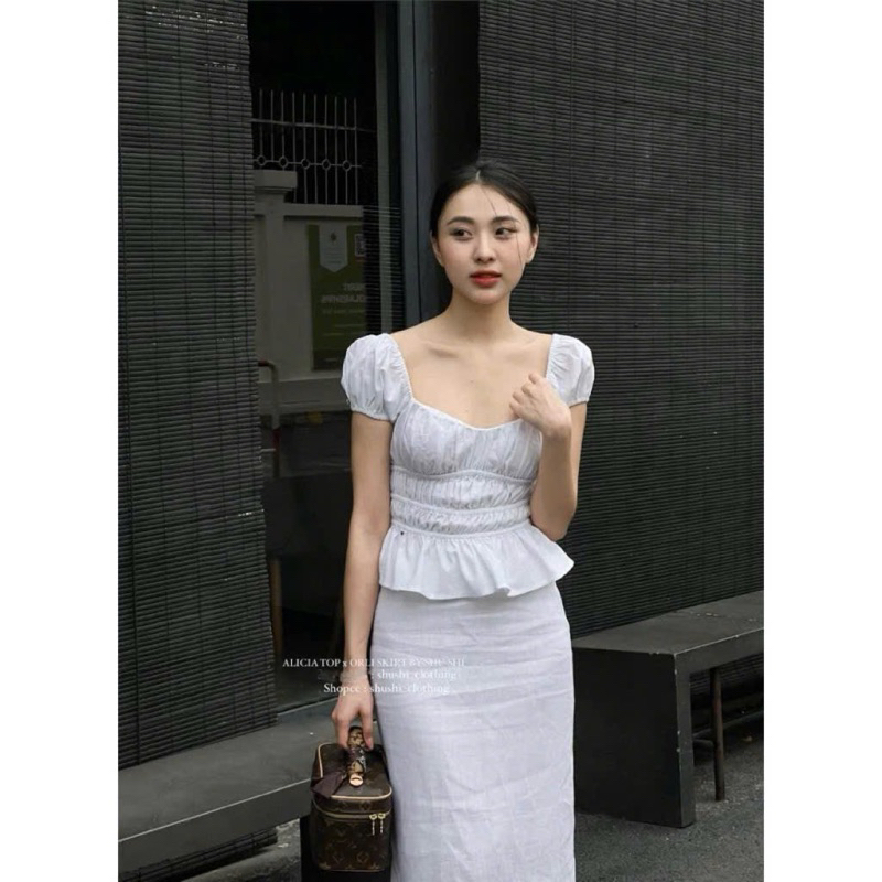 𝐀𝐥𝐢𝐜𝐢𝐚 𝐓𝐨𝐩 - Áo Nhún Cổ Tim Linen ( ảnh chính chủ )