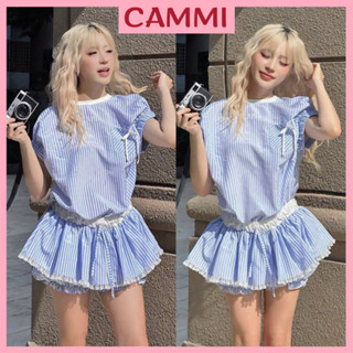 Set Jum CaZi Kẻ Xanh Thêu Chữ Tay Chun Phối Chân Bèo Phối Ren Có Lót Quần HB552