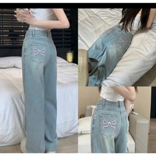Quần baggy jean nữ ống rộng thêu nơ hồng - Quần jean nữ ống suông lưng cao HOTTREND mẫu mới TH555