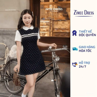  Váy Tuyết Nhung Xanh Than Phối Trắng Cổ Sen Hoạ Tiết In Nơ Ame Dress 