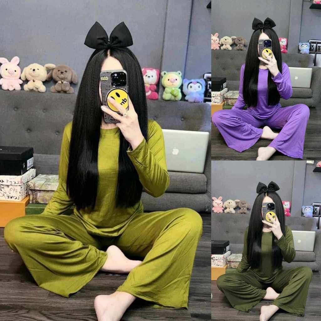 Đồ bộ ủ kem, set đồ nữ thun lạnh cao cấp xịn siêu mát, áo tay dài form rộng quần có túi, set bộ nữ