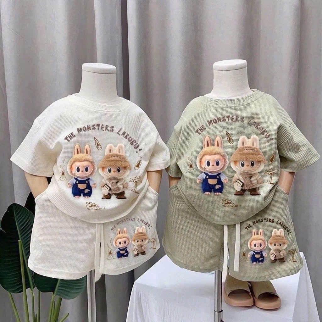 Bộ Đồ Cộc Tay Bé Trai Labubu Cho Bé Từ 8-36kg chất vải tổ ong Cotton Dày Đẹp. Hoạ tiết labubu hot trend Cho Bé Trai