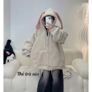 Áo khoác Nam Nữ tai thỏ tặng kèm 2 nơ,chất nỉ 3 màu hồng, be, đen,hhn