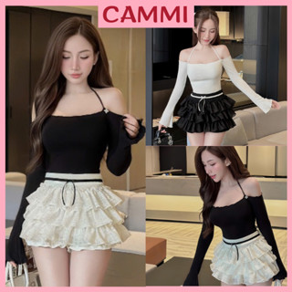 Sét Áo Tăm Trễ Vai Dài Tay Dáng Cổ Yếm Dây Buộc Cài Ghim Đá Mix Chân Váy Ren 3 tầng sang chảnh HB224
