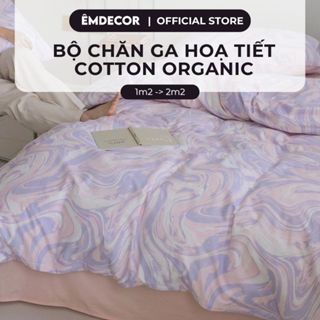 Bộ chăn gối 4 món Êmdecor Cotton Organic 100% cao cấp hoạ tiết Marble set 1 ga bọc chun 1 chăn 2 vỏ gối
