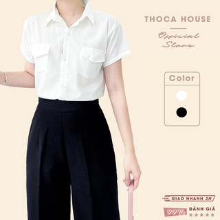 Áo sơ mi trắng, đen túi nấp tay ngắn trơn THOCA HOUSE form nhỏ <50kg hiện đại công sở đi làm đi chơi