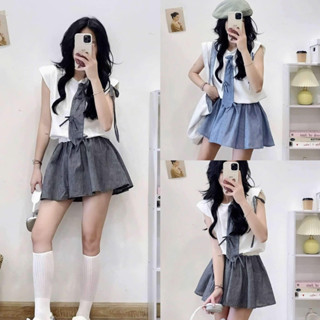 Jump Váy Liền Quần Áo Thun Tay Hến Mix Kẻ Sọc Kèm Cà Vạt siêu xinh