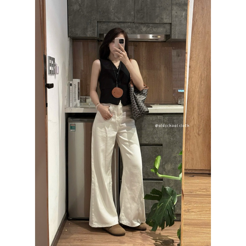 (ẢNH OLDSCHOOL) Quần jeans TRẮNG ỐNG LOE form rộng dài chùm phủ chân Q7767 | BigBuy360 - bigbuy360.vn