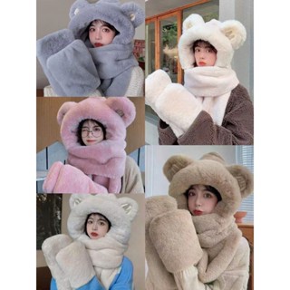 Khăn Bông Kèm Mũ Tai Thỏ Len Lông Mịn Cao Cấp , Khăn Kèm Mũ Găng Tay 3 in 1 ( A Nhị )