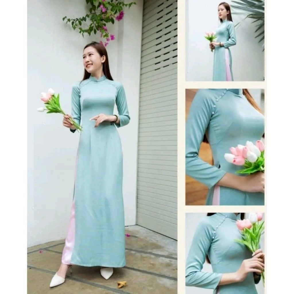 Áo dài lụa trơn màu xanh đính cườm duyên dáng sang chảnh