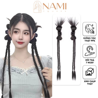 Tóc giả thắt bím nơ dài, kẹp tóc giả thắt bính đôi y2k phong cách cá tính cho nữ 57