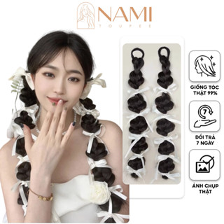 Tóc giả thắt bím phối ruy băng trắng, tóc tết y2k phong cách Hàn Quốc 56