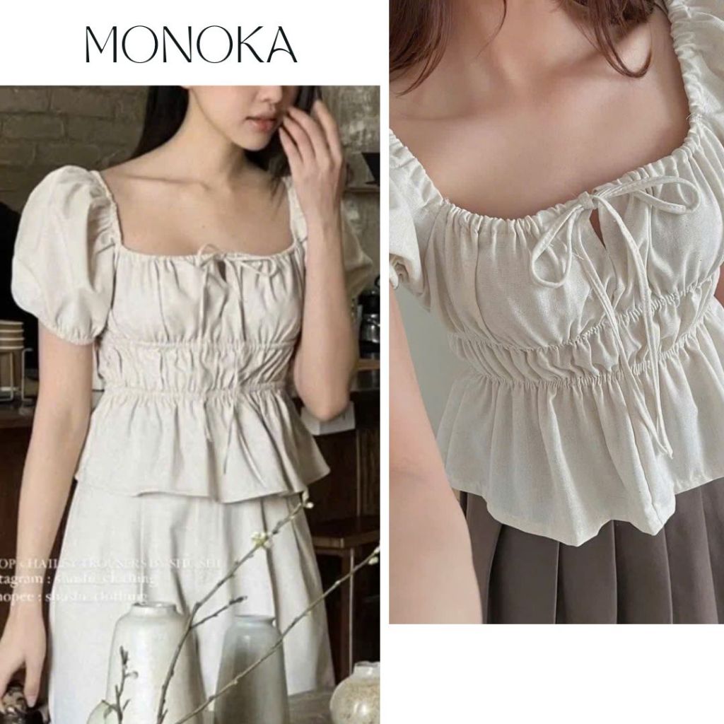 (mặc 2 kiểu) Áo babydoll chất linen trễ vai nhún eo thắt nơ tôn dáng Áo kiểu nữ cổ vuông tay bồng vintage bánh bèo T541G