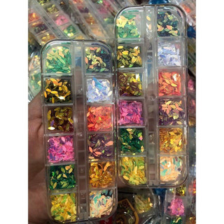 Set 12 ô nhũ đá hạt gạo hình lá trang trí móng đa dạng siêu đẹp