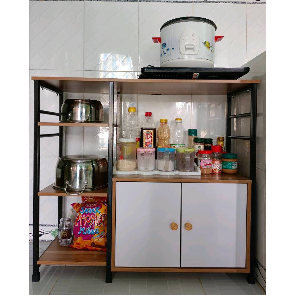 Kệ Lò Vi Sóng 2 Tầng 3 Ngăn Có Tủ Khung Sắt Mặt Gỗ Đa Năng Tiện Lợi