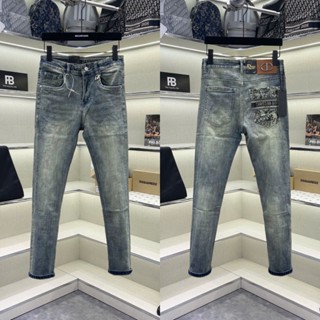 Quần jean bò nam CD slimfit xanh trơn wash bụi vàng tag logo in hoa văn túi sau basic boy phố QJ607P