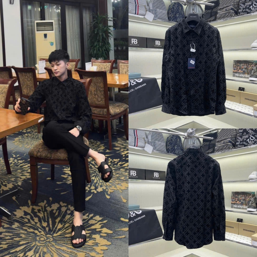 Áo sơ mi đen nam dài tay Eo Vì vải lụa thô dập nổi vân hoa chữ monogram nhung tràn thân boy phố SM168P