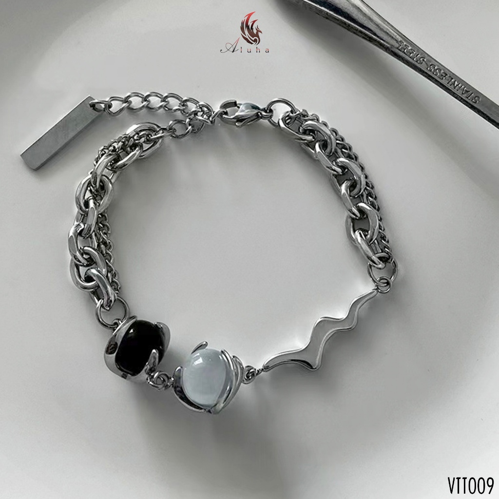 Vòng tay titan mix đá mắt mèo trắng đen, dùng cho nam nữ, phong cách Hàn Quốc sang trọng - VTT009 - Aluha