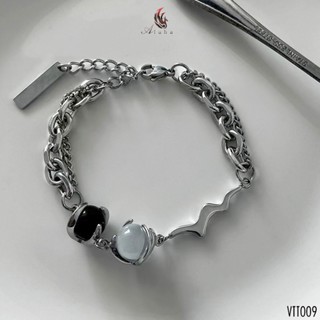 Vòng tay titan mix đá mắt mèo trắng đen, dùng cho nam nữ, phong cách Hàn Quốc sang trọng - VTT009 - Aluha