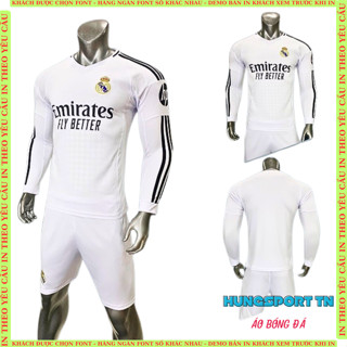 Quần áo bóng đá dài tay Real Madrid, in tên số theo yêu cầu, in nhiệt không bong tróc, sắc nét bền màu, HUNGSPORT TN