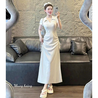 Đầm dự tiệc sang trọng thời trang nữ chất thun gân cổ bẻ tay ngắn rút dây 2 bên sườn dáng váy chữ A dài maxi