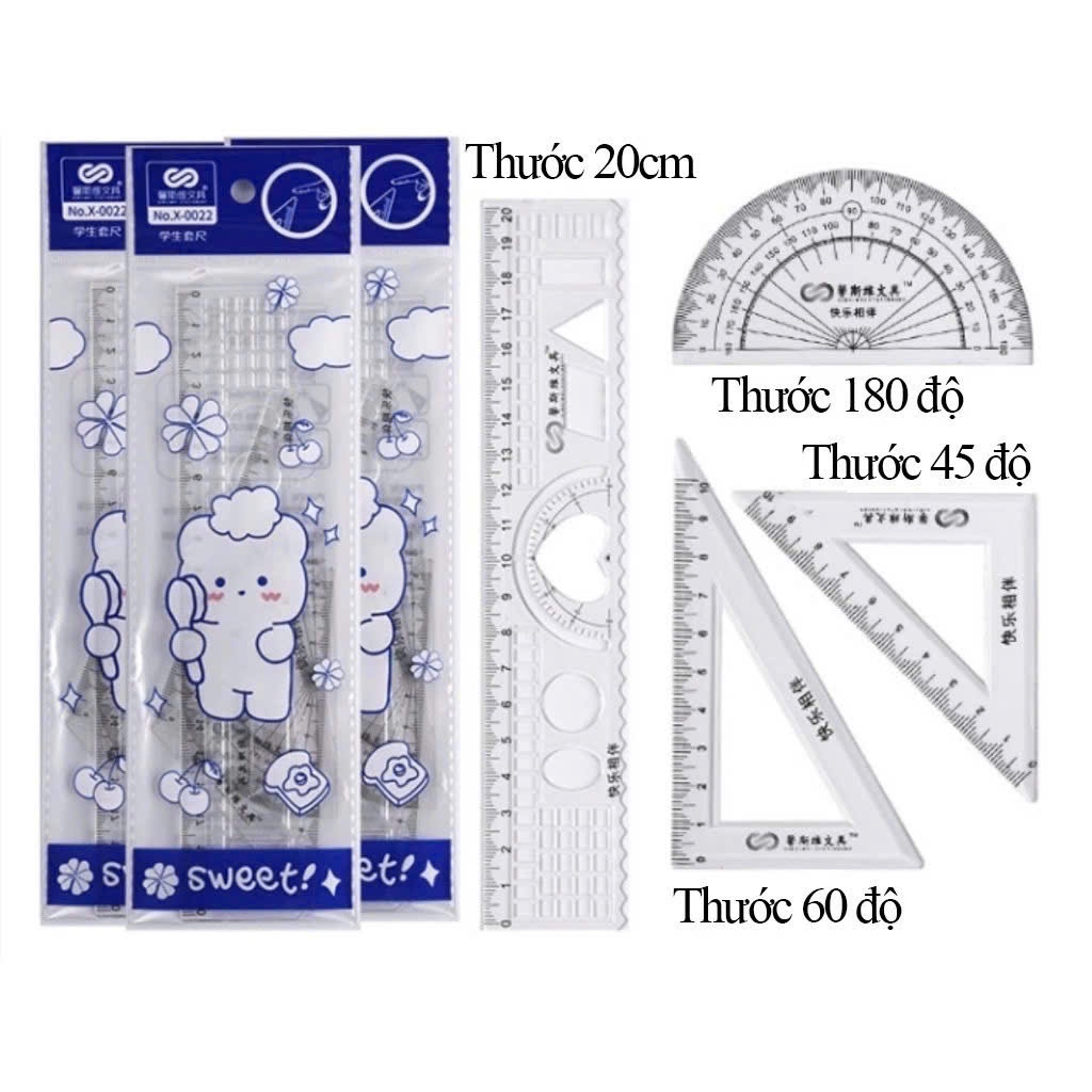 Giá sỉ (4K ) Set 4 thước kẻ trắng trong loại đẹp_ Bộ dụng cụ học tập dành cho học sinh( thước kẻ 20cm, thước đo độ, eke)