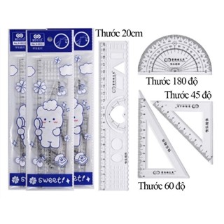 Giá sỉ (4K ) Set 4 thước kẻ trắng trong loại đẹp_ Bộ dụng cụ học tập dành cho học sinh( thước kẻ 20cm, thước đo độ, eke)